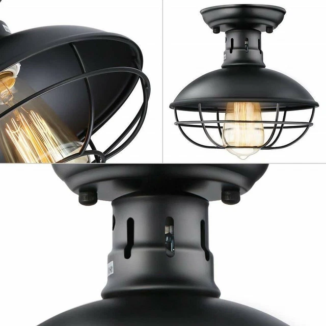 Vintage Flush Mount Ceiling Light Industrial Metal Black Cage Pendant Fixture