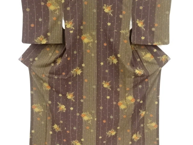 44686# Japanese Kimono / Antique Kimono / Stripe With Floral Plants