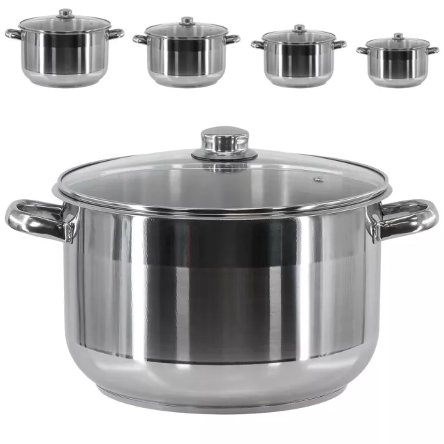 Stainless Steel Casserole Stockpot Induction Base Large Deep Stock Pot Glass Lid