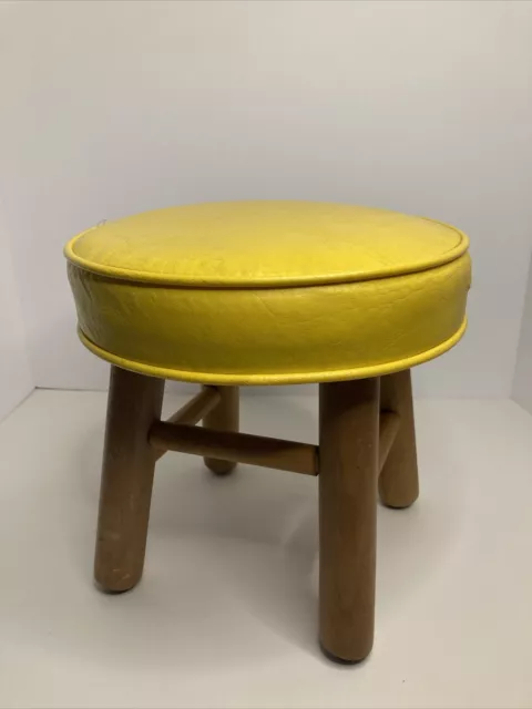 Vintage Round Mid Century Modern Style Yellow Wood Foot Stool Retro 1970s