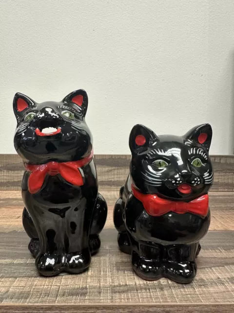 Vintage 1950s Shafford Redware Black Cat Sugar And Creamer Set - Green Eyes