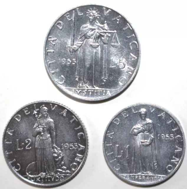 Vatican City 3 Coin Lot 1953 - 1 Lira 2 & 5 Lire - KM# 49 50 51 - One Two Five