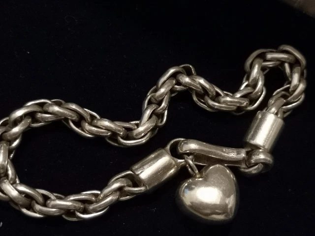 thumbnail image 2 of Inka 925 Sterling Silver Chunky Beaded Stacking Bracelet With Heart Dangle Charm - Nickel-Free, 18cm 2 of 4