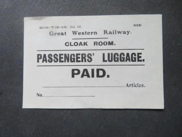 Vintage Unused GWR Passengers Cloak Room Luggage Label
