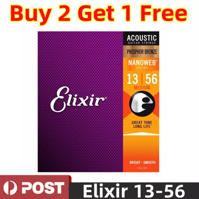 Elixir Nanoweb Acoustic Guitar Strings 13-56 Medium Phosphor Bronze E16102 New