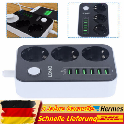 Steckdosenleiste Mit 3 Steckplätzen & 6 USB-Anschlüssen - 2500W, Überspannungsschutz
