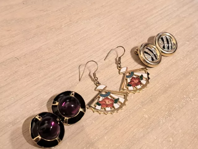 Joblot 3 Pairs of Ladies Purple Stone, Oriental Enamelled  Zirconia Earrings
