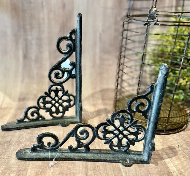 Pair Cast iron Shelf Brackets Support European Scroll Wall Brace VTG Gray Corbel 2