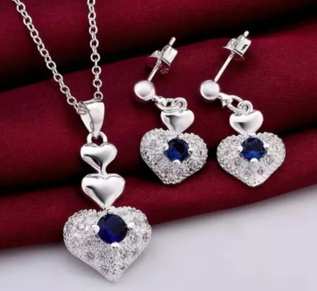 925 Stamp Silver Color Woman Party Wedding Jewellery set Blue Crystal Heart