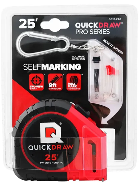 25' Foot QUICKDRAW PRO Self Marking Measuring Tape Built in Pencil Power Locking