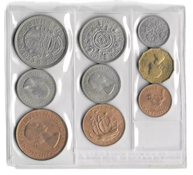 1953 Royal Mint 9er Set unzirkulierte UK-Münzen in Original-Kunststoffumschlag