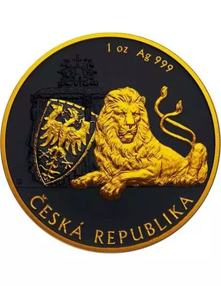 CZECH LION STAND Black Platinum 24k Gold Gilded 1 Oz Silver Coin 2$ Niue 2019