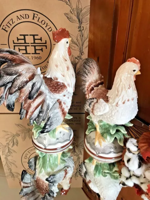 Fitz & Floyd Farmstead Rooster & Hen Pair Set  Figurines NIB Glossy Porcelain