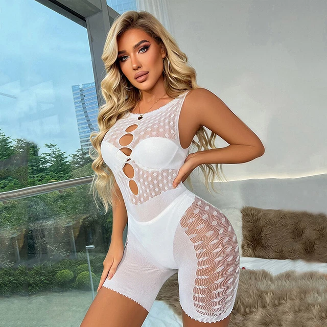 Collant Fishnet Sexy Lingerie Erotica Bianco Sexy Trasparente Body Sotto-H7