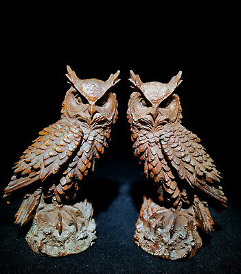 Pair Chinese owl wooden statue sculpture decorative decor Boxwood carved carving
