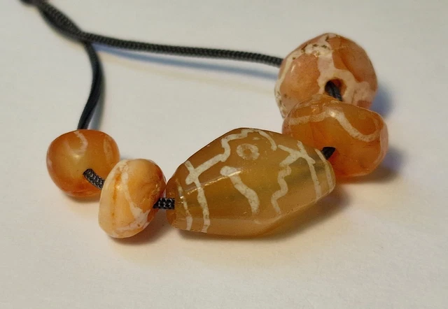 5 Ancient Rare Indo-Tibetan Etched Carnelian Agate Beads