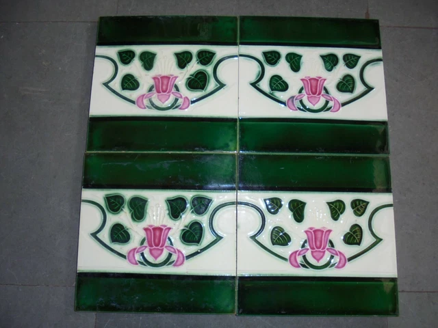 4 Pc Vintage Flowers & Leaf Design Embossed T.S Mark Ceramic Tiles,England