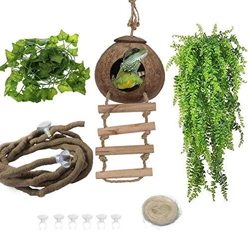 kathson Lizard Coco Den with Ladder Bearded Dragon Tank Accessories Gecko Coc...
