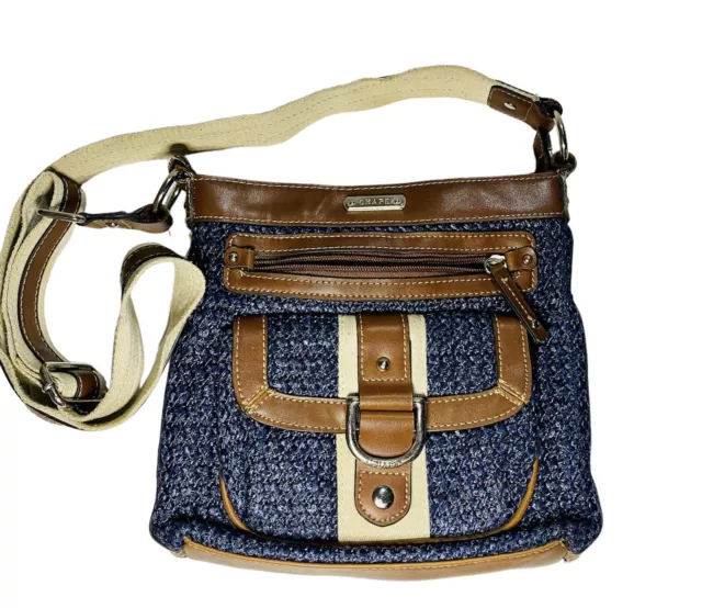 Chaps Crossbody Handbag Purse Ratan Woven Straw Navy Blue Brown Tan Logo Medium