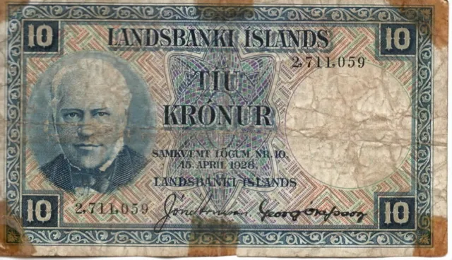 Iceland 10 Kronur 1928 Vintage Well Circulated Banknote w/tape Foreign Currency