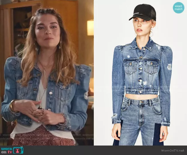 ZARA PUFF SLEEVE Distressed Denim Jacket ASO Alexis Rose S 8 10