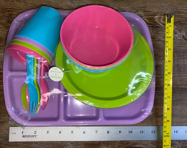 Juego de 24 utensilios de cocina para niños 4 platos cada uno tazones vasos bandejas tenedores cucharas 2