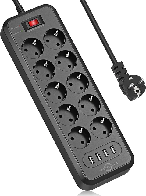 Multiprise Electrique 4000W Avec 10 Prises Et 4 Ports USB (2.4A), 2M Cordon, Mul