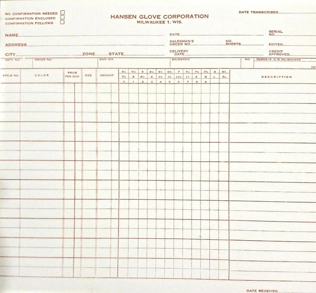 1950 Hansen Glove Corporation Order Form Book Letterhead Milwaukee WI