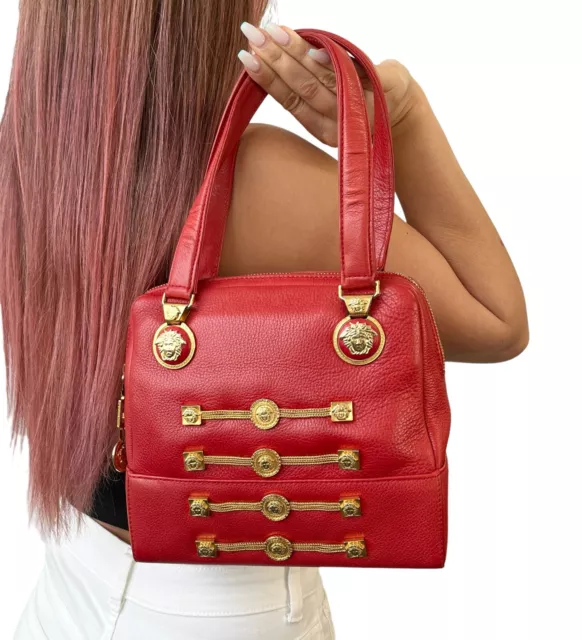 GIANNI VERSACE VINTAGE Medusa Mini Tote Bag Handbag Logo Zip Red ...
