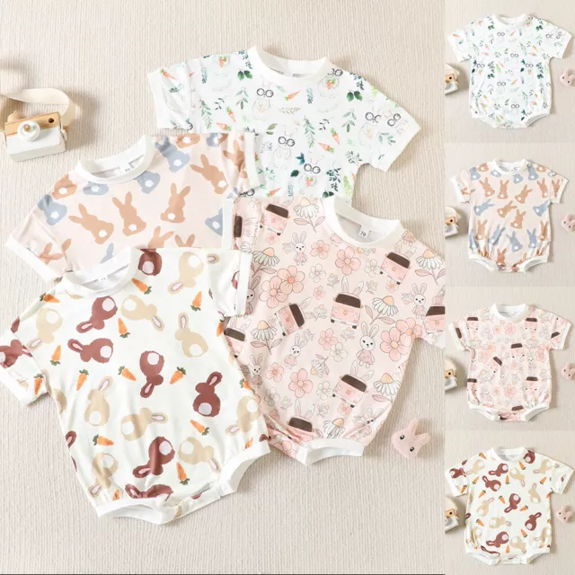 Newborn Baby Girls Easter Romper Rabbit Print Short Sleeve Bodysuit Jumpsuit Set