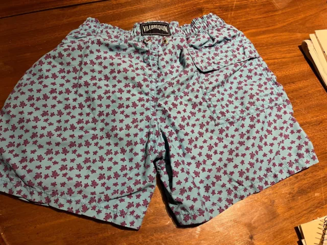 Preowned Vilebrequin Boys Blue Swim Trunks Purple Turtle Size 14