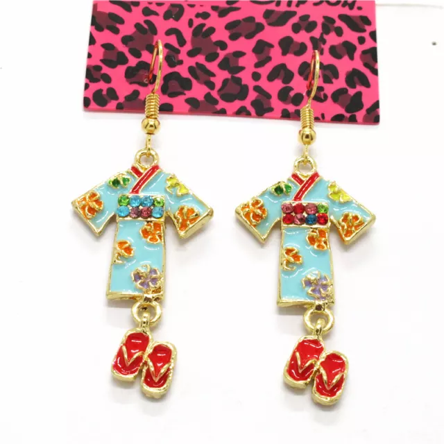 Fashion Cute Blue Enamel Kimono Clog Crystal Women Stand Earrings Gift