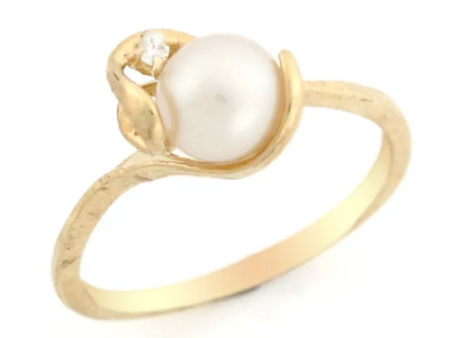 10k or 14k Solid Yellow Gold CZ & Freshwater Cultured Pearl Promise Ring Jewelry