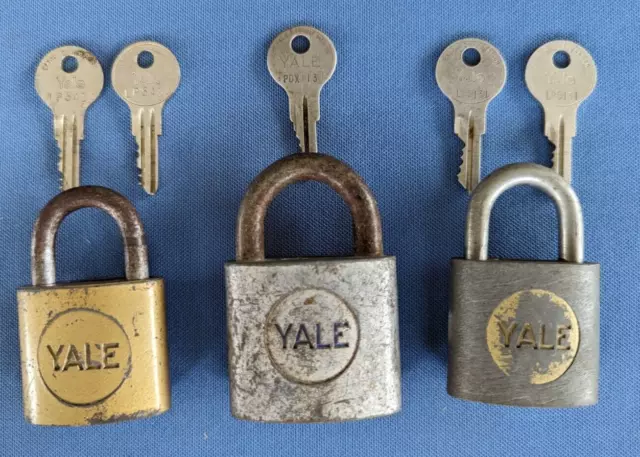 3 vintage worn padlocks YALE with Yale & Towne keys