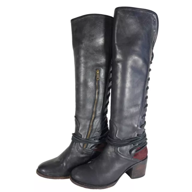 Freebird By Steven Women's Coal US 7 Black Burgundy Leather Lace-Up Riding Boot