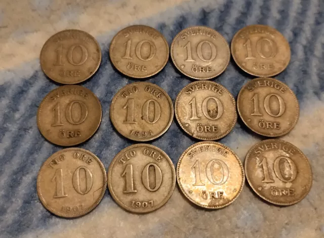 Suède : lot 12 piece de 10 ore argent Oscar II de 1894 à 1919