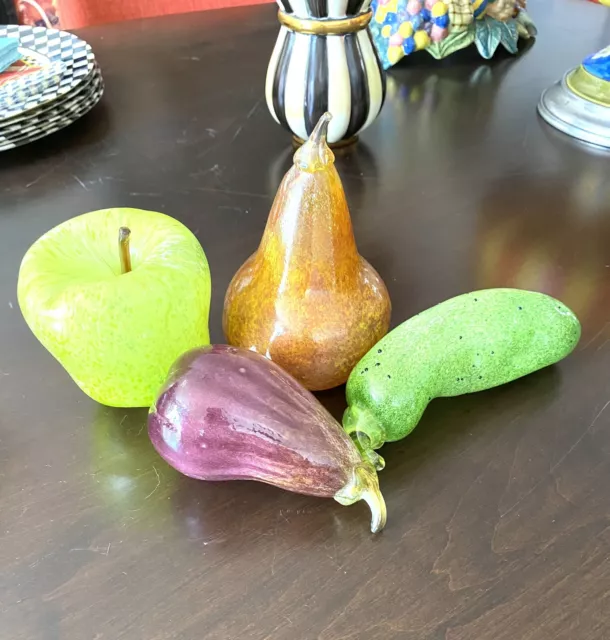 Venetian Hand Blown Set Of 4 Glass Fruit/Veggie. Apple, Pear, Cucumber, Eggplant
