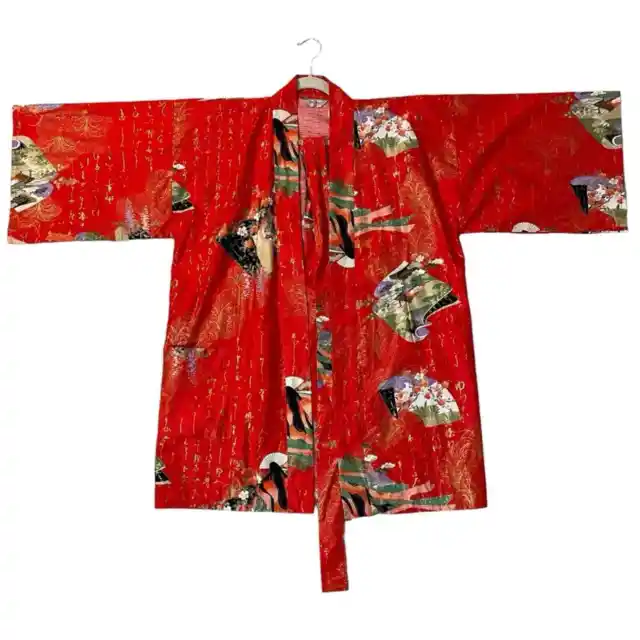 Marukyo Kimono Womens Large Short Red All Over Print Geisha Girl Like Japan