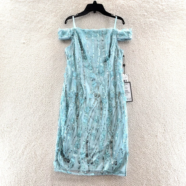 ADRIANNA PAPELL Off-The-Shoulder 3-D Floral Sheath Dress Women's 8P Sea Glass