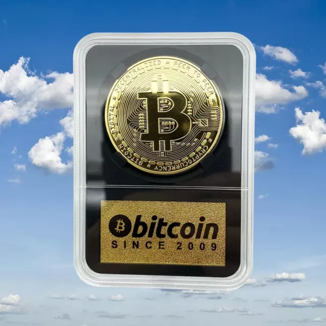 Gold Bitcoin Cryptocurrency Novelty Coin & Commemorative Plaque and Gift Box