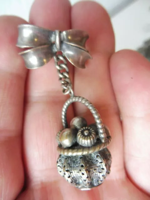 Beautiful old brooch, pin, bow with fruit basket, 800 silver