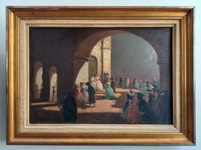 Ancien tableau CARNAVAL ou BAL MASQUÉ au CHÂTEAU peinture d'Achille MAUZAN - GAP