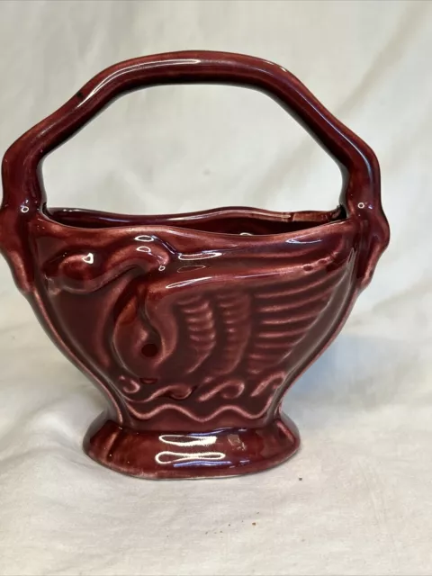 Vintage Burgundy Swan Pottery Basket Planter Handle #289 Made In USA