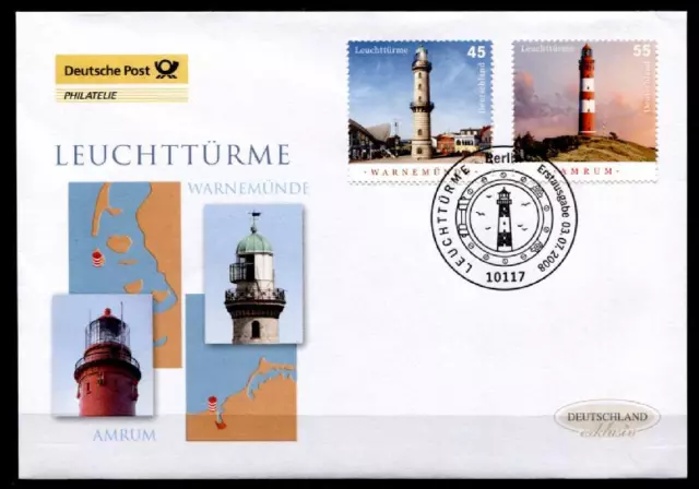 Leuchttürme: Warnemünde, Amrum. FDC. Berlin. BRD 2008