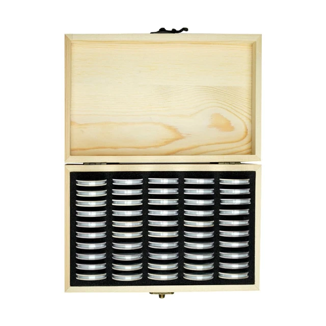 1pc Wood Coin Storage Box with 50 Pcs Coin Purse Capsules