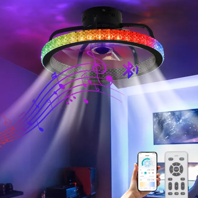 TCFUNDY LED Ceiling Fan with Light Flush Mount Ceiling Lamp w/ Bluetooth Speaker