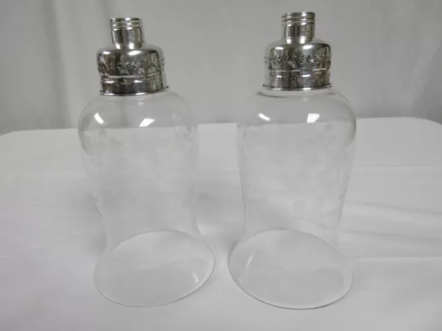 2 Sterling Silver Candlestick Cups with Etched Glass Shades Hurricane lampshades