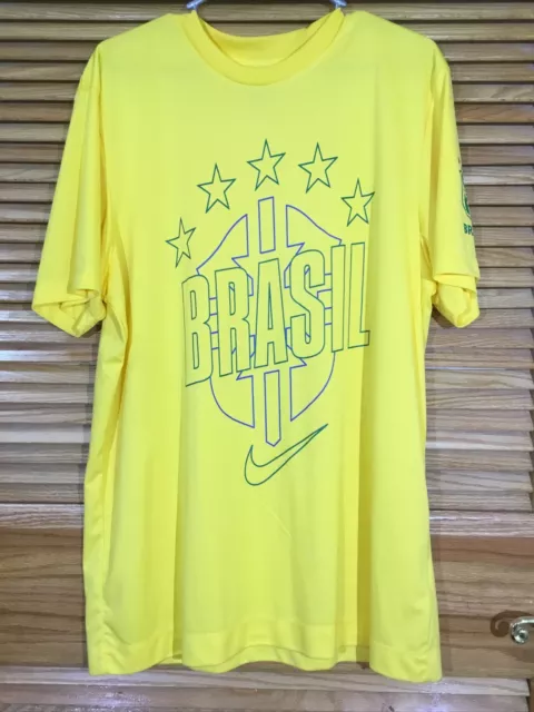 Nike Mens Size XL Brasil Yellow / Green Futbol Soccer S/S T-Shirt CM-50