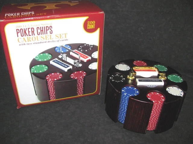 Poker Chips Carousel Set 2 Card Decks 200 Chips 11.5 Gram Vegas Style Pre-Owned