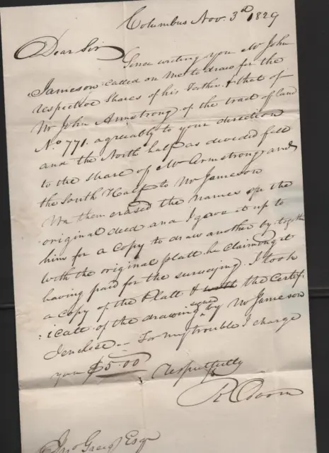 Antique 1829 Handwritten  Letter Paper Ephemera Columbus Ohio, Canandaigua NY